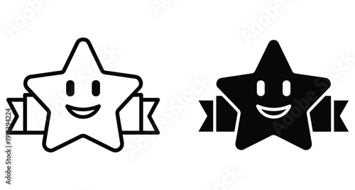 Set of two happy star characters with ribbons representing success achievement and reward