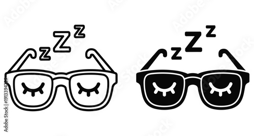 Black and white vector icons of eyeglasses featuring closed eyes and sleep symbols