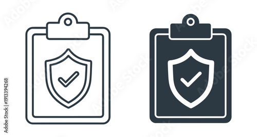 Clipboard icons with shield and checkmark representing security insurance and verified document compliance standards