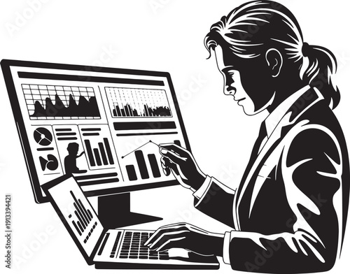 A businessman sitting at an office desk working on a laptop computer vector illustration