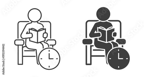 Stick figure sitting on chair reading a book with clock symbol representing study time