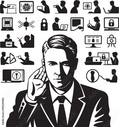 Vector illustration set of business people icons featuring cartoon businessmen and women working at office desks with computers and money in a comic drawing style