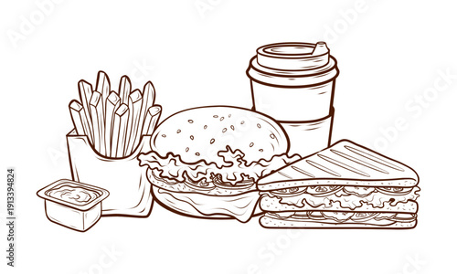 Burger, fries, sandwich, sauce and takeaway coffee illustrated in detailed hand drawn line art vector style. Fast food meal set for cafe menu, street food branding, packaging, posters, delivery apps