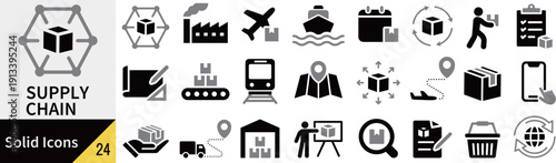ベクターのサプライチェーンに関するシルエットアイコンセット
