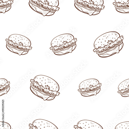 Seamless pattern with repeating hamburgers drawn in brown line art. Hand drawn vector illustration in minimal outline style. Fast food object. Suitable for packaging, branding, menu design, wrapping