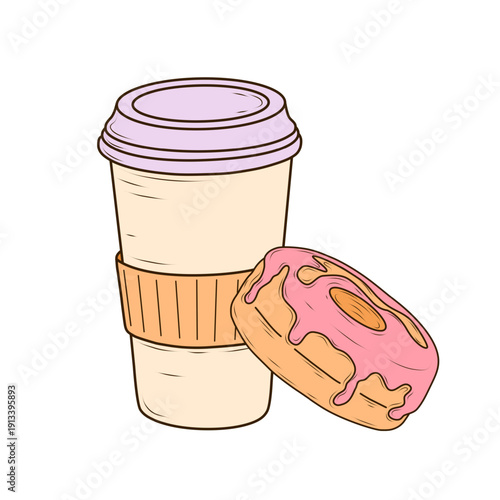 Paper coffee cup with lid and a pink glazed donut. Hand drawn vector style with clean lines and soft colors. Takeaway beverage and pastry set for cafe branding, menu design and advertising.