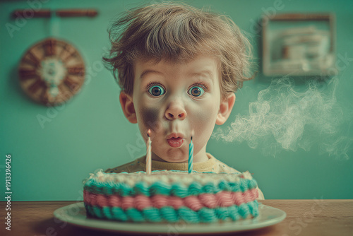 Stylized toddler birthday portrait with extinguished candles and colorful cake