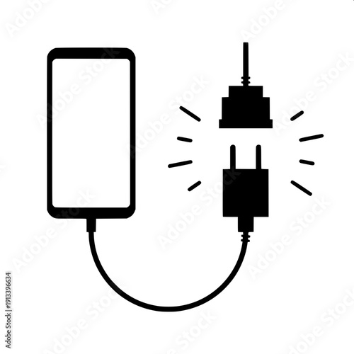 "Simple black and white line art illustration of a USB cable with two connectors, minimal outline drawing, vector style, clean bold lines, no shading, no color, isolated on white background, coloring 