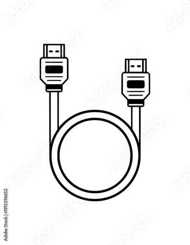 "Simple black and white line art illustration of a USB cable with two connectors, minimal outline drawing, vector style, clean bold lines, no shading, no color, isolated on white background, coloring 
