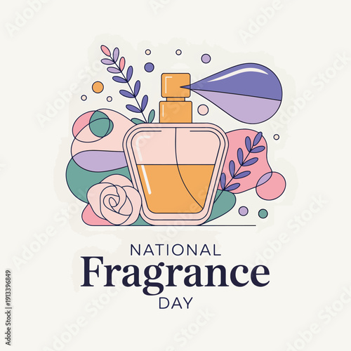 Perfume bottle with floral and National Fragrance Day text scent spray