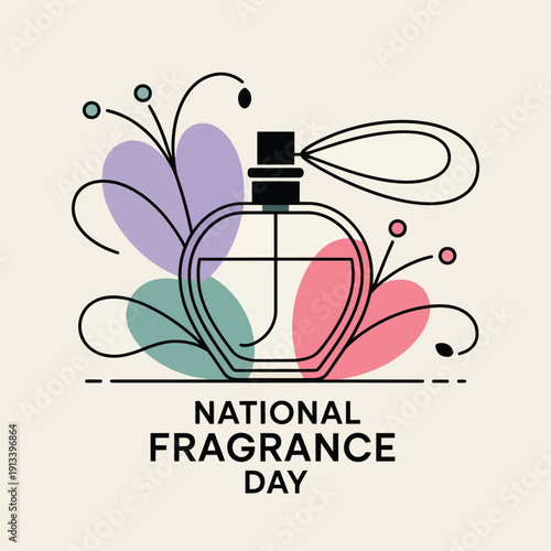 Perfume bottle with abstract floral shapes and text National Fragrance Day scent spray mist