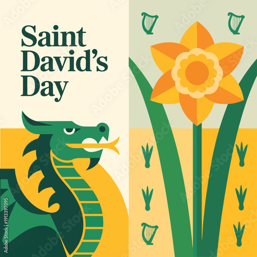Saint David's Day green dragon yellow daffodil harp and text Wales Welsh