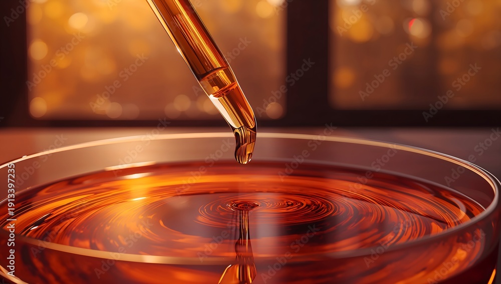 Obraz premium Macro shot of amber liquid dripping from pipette into petri dish