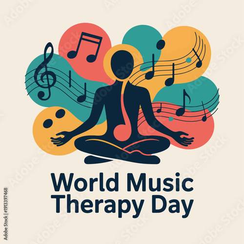 Silhouette of a person in a lotus pose with musical notes and abstract shapes, music therapy, meditation