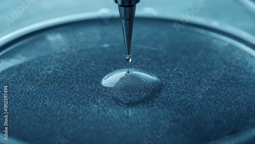 Macro shot of a liquid drop falling from a pipette on blue fabric
