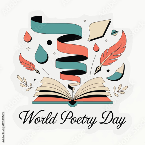 World Poetry Day with book feathers and ribbons