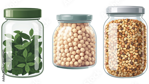 transparent glass jar filled with dried mint leaves whole white peppercorns multigrain mix assorted natural beige grains isolated transparent background, editable vector artwork ai illustration file, 