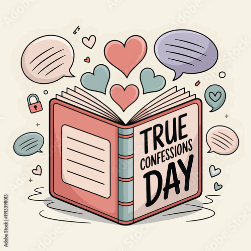 Open book with hearts and speech bubbles True Confessions Day