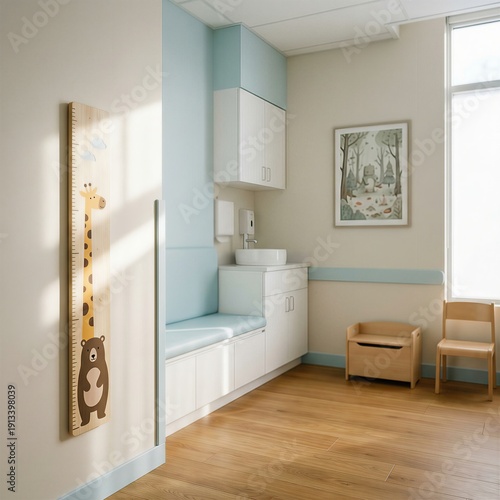 Empty Pediatric Exam Room with Height Chart and Soft Light