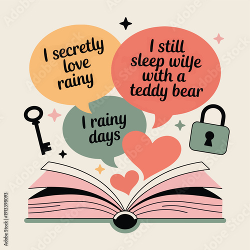Open book with speech bubbles, key lock, and hearts
