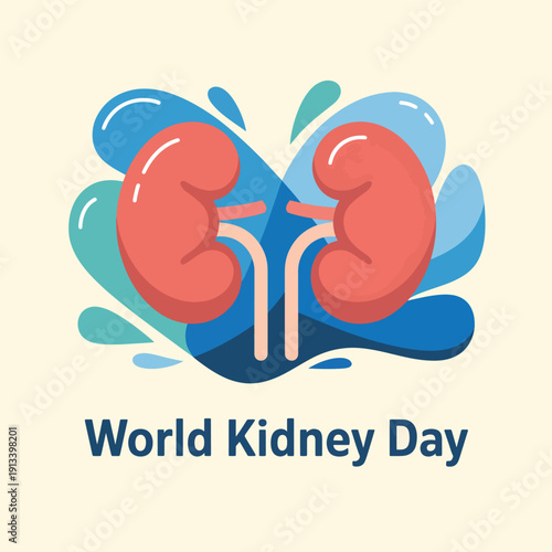 Stylized kidneys with blue and teal water splashes and text World Kidney Day human organ anatomy