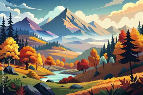 Panorama mountain autumn landscape with colorful foliage golden trees misty valleys crisp air scenic wide view natural beauty