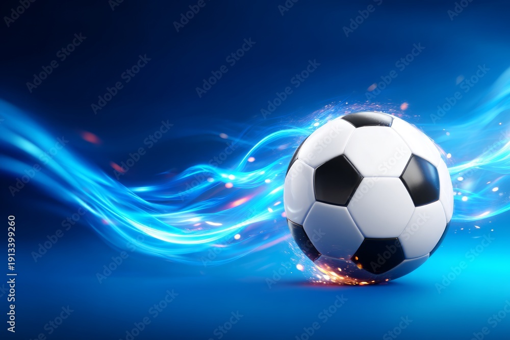Naklejka premium Dynamic 3D Soccer Scene with Deep Blue Backdrop and Flowing Motion Effects