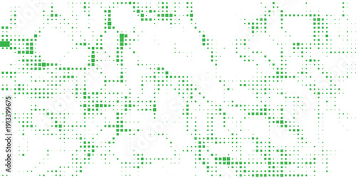 Abstract green square pixel pattern, random geometric mosaic background, modern digital data texture, tech inspired dotted grid design, minimal futuristic vector wallpaper