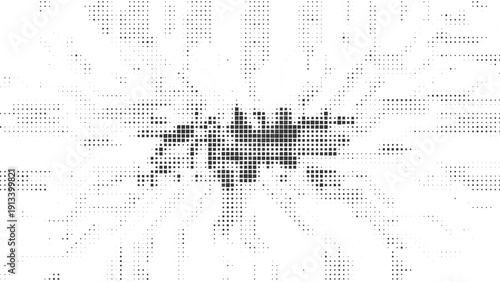 Abstract black square pixel radial burst pattern, circular geometric mosaic background, modern digital texture, technology inspired sunburst grid design, minimal monochrome vector wallpaper