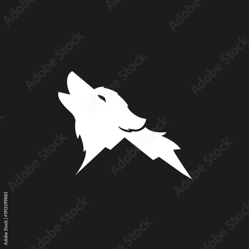 Minimalist Howling Wolf and Mountain Peaks Logo. White Silhouette of Wild Animal and Nature Landscape on Black Background.