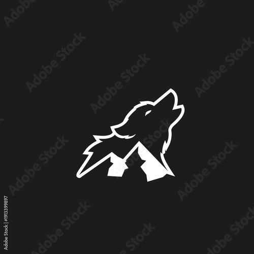 Stylized Howling Wolf and Mountain Logo Design in Black and White