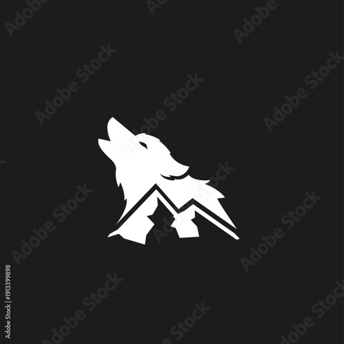 Stylized Howling Wolf and Mountain Logo Design in Black and White template