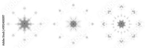Set of Three Black Circular Halftone Star Patterns on White Background Geometric Vector Illustration Creative Mandala Design Dot Grid Structure Modern Graphic Elements
