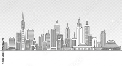 A minimalist black and white vector illustration of a city skyline with skyscrapers
