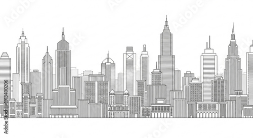 A minimalist black and white illustration of a city skyline with skyscrapers