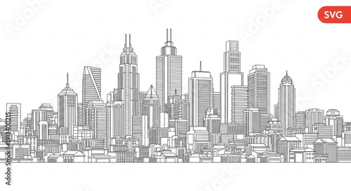 A minimalist line art illustration of a city skyline in a vector graphic format