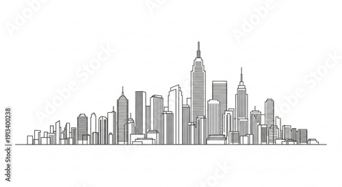 A minimalist black and white illustration of a city skyline with skyscrapers