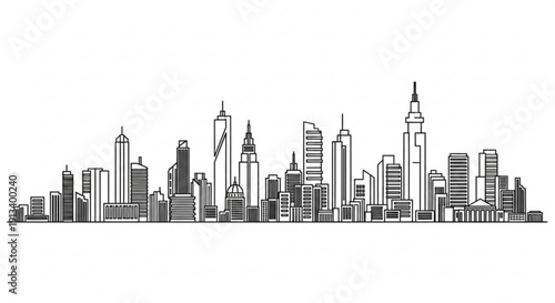 A minimalist black and white illustration of a city skyline with skyscrapers