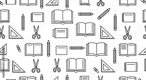 Seamless school supplies pattern — pencils rulers open books scissors thick black outline minimalist repeat vector on white