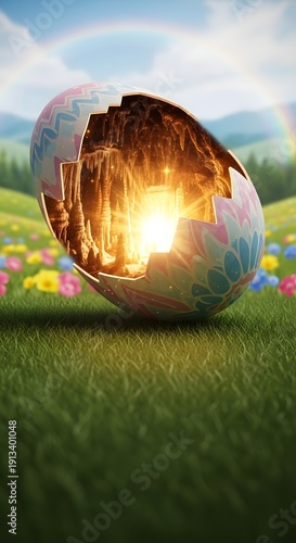 A large, decorated Easter egg lies cracked open on a lush green lawn with a vibrant rainbow and colorful flowers in the background, showcasing a warm, sunny scene.