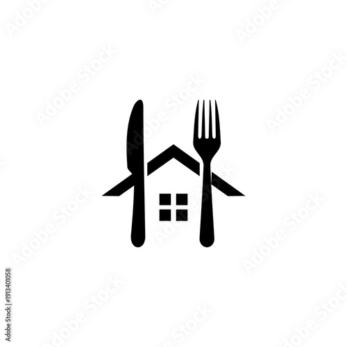 Minimalist black house with fork and knife icon isolated on white background