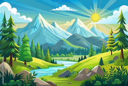 Spring mountain landscape panorama with lush forest and shining sun fresh greenery clear sky vibrant natural scenery wide scenic view