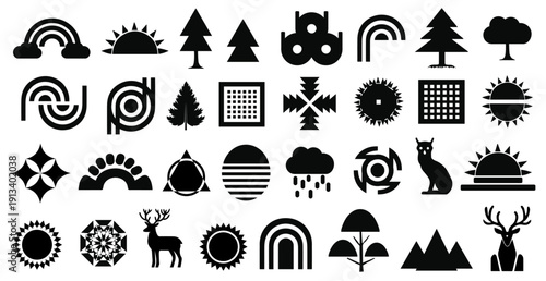 Gemetric Nature Elements: A curated collection of graphic elements, including icons representing the sun, trees, rainbows, and various nature-inspired motifs.