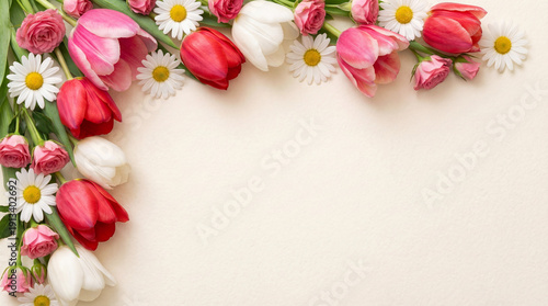 Spring Flower Border with Pink and Red Blooms on Cream Background