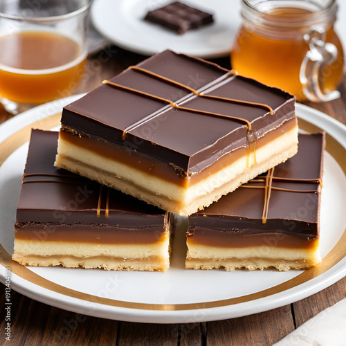 Millionaire's shortbread with chocolate and caramel on a plate.