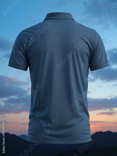 Blank collared shirt mock up template, front and back view, isolated on blue dusk, plain t-shirt mockup. Polo tee design presentation for print .