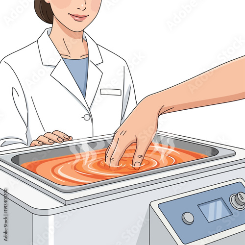 Patient hand soaking in warm paraffin wax bath for therapeutic relief