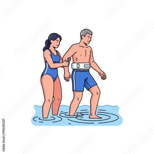 Elderly man receiving hydrotherapy assistance from a female therapist in a rehabilitation pool
