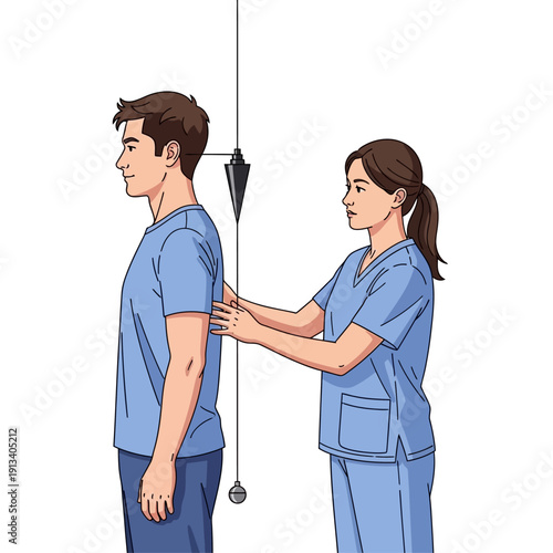 Physiotherapist assessing a patient's posture and body alignment with a plumb line tool