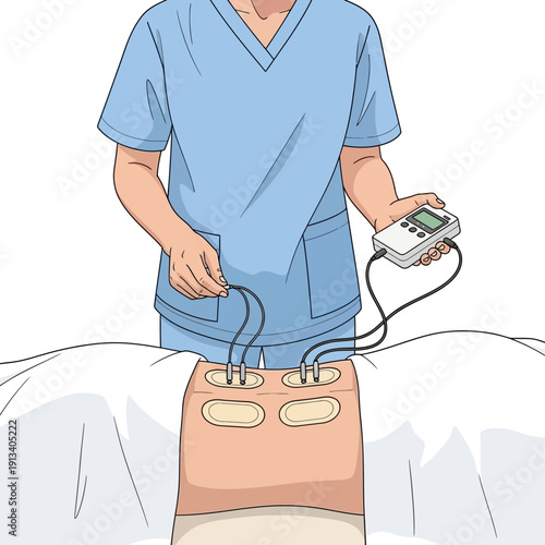 Therapist administering electrical stimulation therapy with electrode pads on a patient's back
